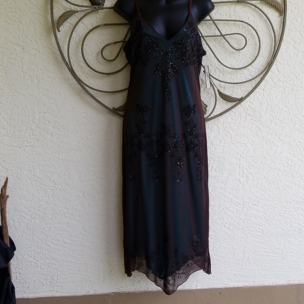 Womens brown turquoise beaded cocktail dress